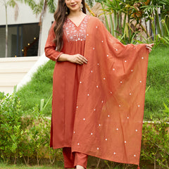 Women's Rayon Embroidered Flared Kurta Pant & Chanderi Dupatta Set