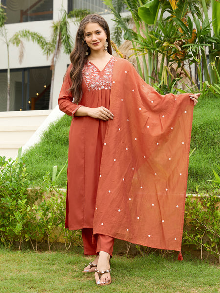 Women's Rayon Embroidered Flared Kurta Pant & Chanderi Dupatta Set