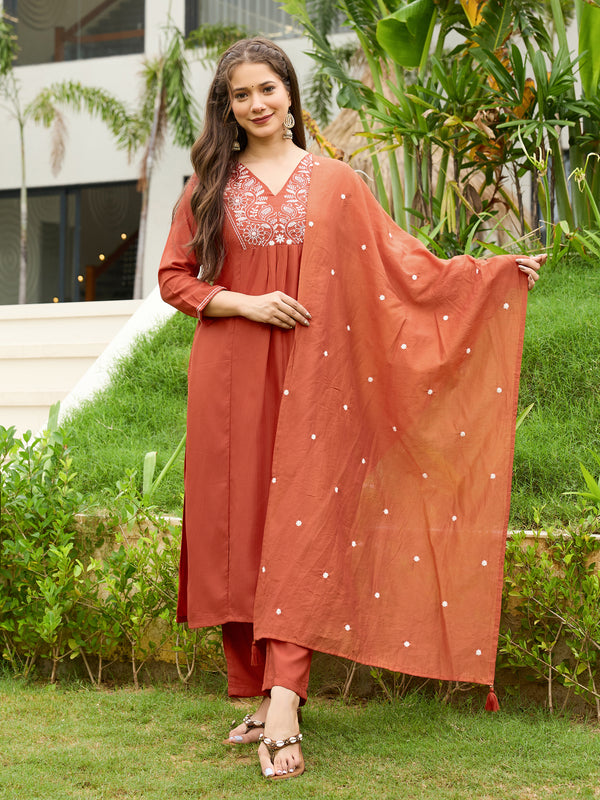Women's Rayon Embroidered Flared Kurta Pant & Chanderi Dupatta Set