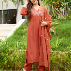 Women's Rayon Embroidered Flared Kurta Pant & Chanderi Dupatta Set