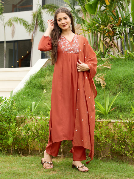 Women's Rayon Embroidered Flared Kurta Pant & Chanderi Dupatta Set