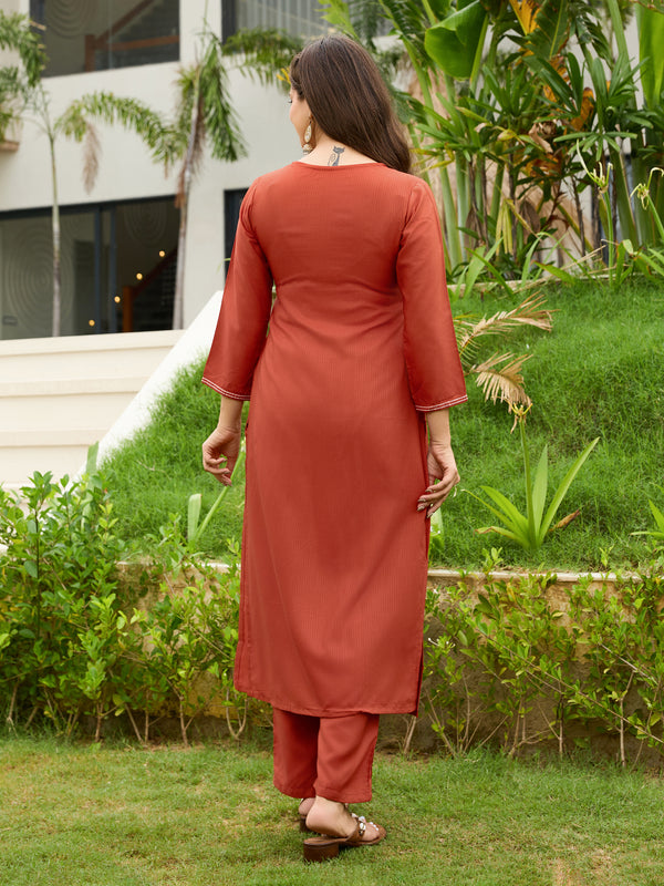 Women's Rayon Embroidered Flared Kurta Pant & Chanderi Dupatta Set
