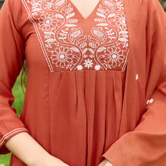 Women's Rayon Embroidered Flared Kurta Pant & Chanderi Dupatta Set