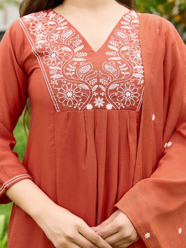 Women's Rayon Embroidered Flared Kurta Pant & Chanderi Dupatta Set