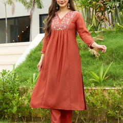 Women's Rayon Embroidered Flared Kurta Pant & Chanderi Dupatta Set