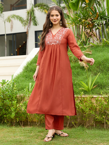 Women's Rayon Embroidered Flared Kurta Pant & Chanderi Dupatta Set