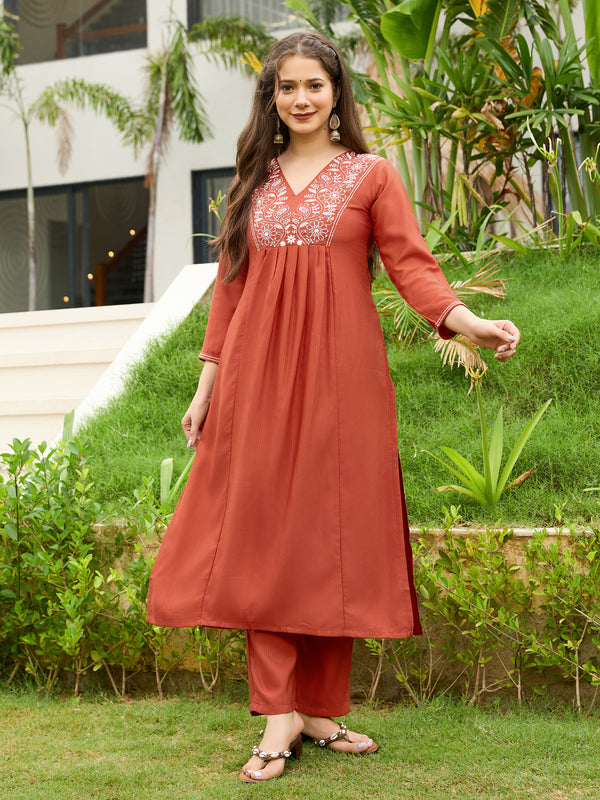 Women's Rayon Embroidered Flared Kurta Pant & Chanderi Dupatta Set