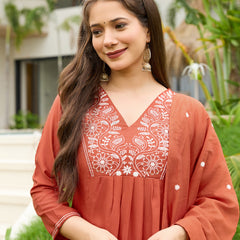 Women's Rayon Embroidered Flared Kurta Pant & Chanderi Dupatta Set