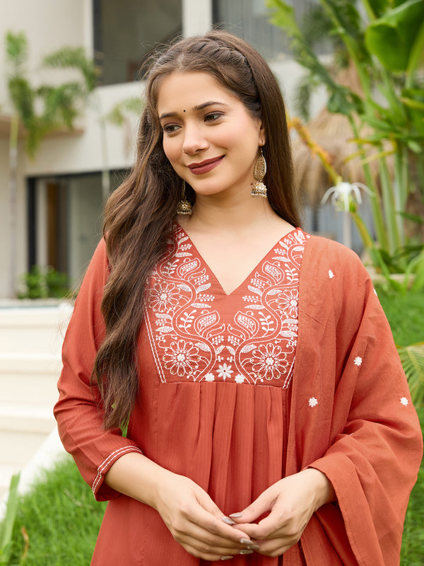 Women's Rayon Embroidered Flared Kurta Pant & Chanderi Dupatta Set