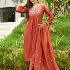 Women's Rayon Embroidered Flared Kurta Pant & Chanderi Dupatta Set