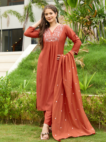 Women's Rayon Embroidered Flared Kurta Pant & Chanderi Dupatta Set