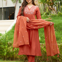 Women's Rayon Embroidered Flared Kurta Pant & Chanderi Dupatta Set