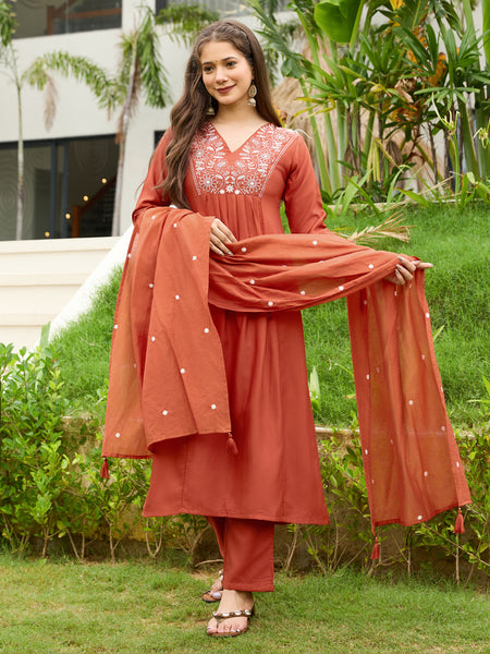 Women's Rayon Embroidered Flared Kurta Pant & Chanderi Dupatta Set