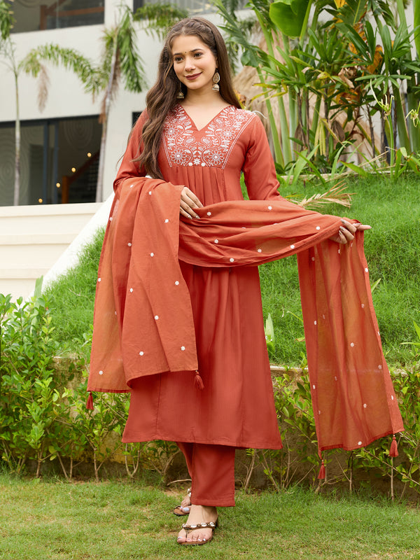 Women's Rayon Embroidered Flared Kurta Pant & Chanderi Dupatta Set