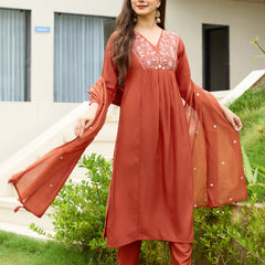 Women's Rayon Embroidered Flared Kurta Pant & Chanderi Dupatta Set