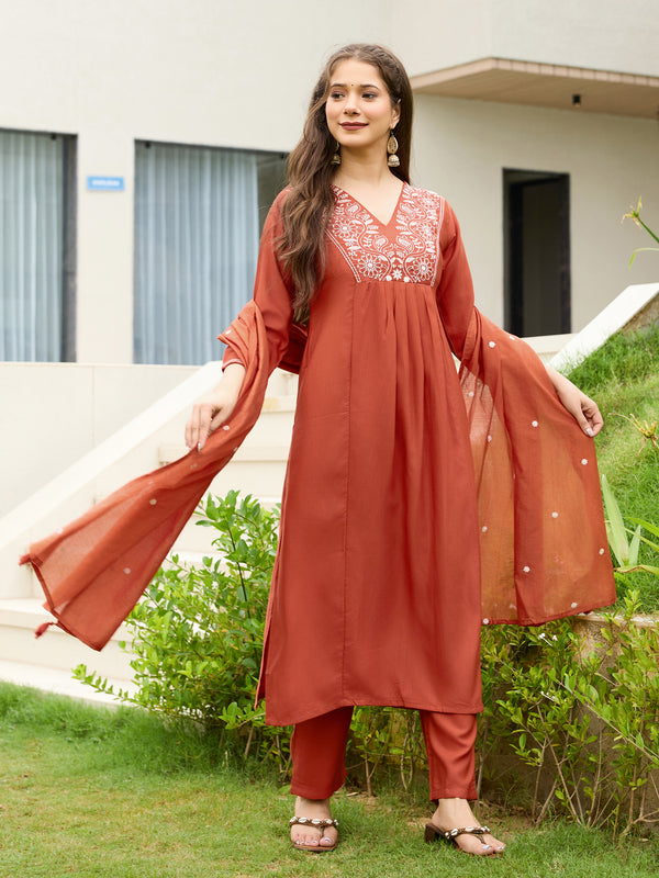 Women's Rayon Embroidered Flared Kurta Pant & Chanderi Dupatta Set