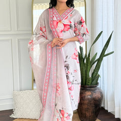 Women's Rayon Printed Straight Kurta Pant & Linen Dupatta Set