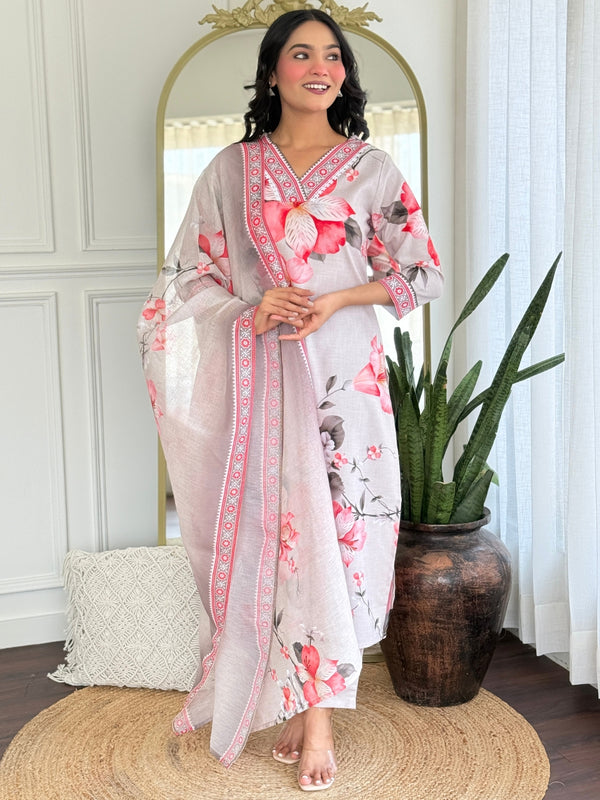 Women's Rayon Printed Straight Kurta Pant & Linen Dupatta Set