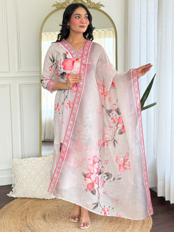Women's Rayon Printed Straight Kurta Pant & Linen Dupatta Set