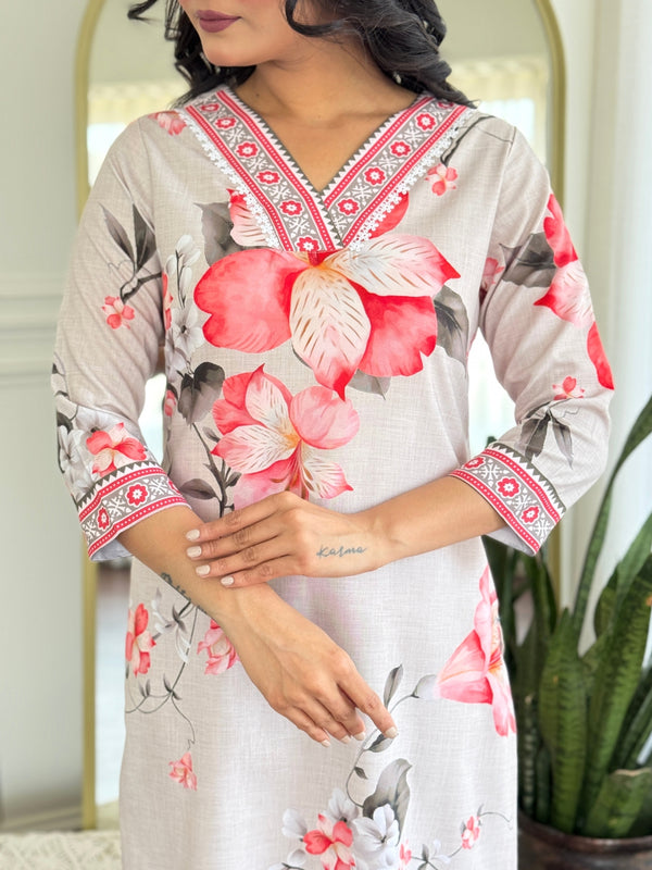 Women's Rayon Printed Straight Kurta Pant & Linen Dupatta Set