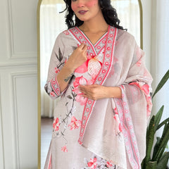 Women's Rayon Printed Straight Kurta Pant & Linen Dupatta Set