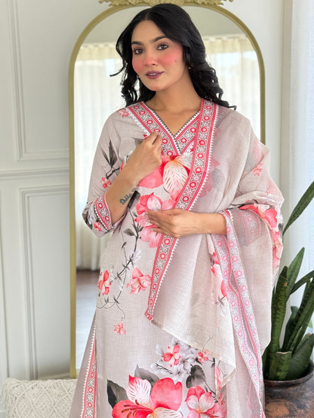 Women's Rayon Printed Straight Kurta Pant & Linen Dupatta Set