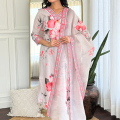 Women's Rayon Printed Straight Kurta Pant & Linen Dupatta Set