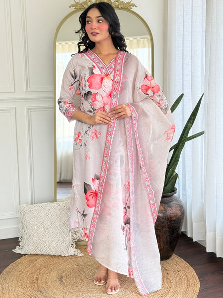Women's Rayon Printed Straight Kurta Pant & Linen Dupatta Set