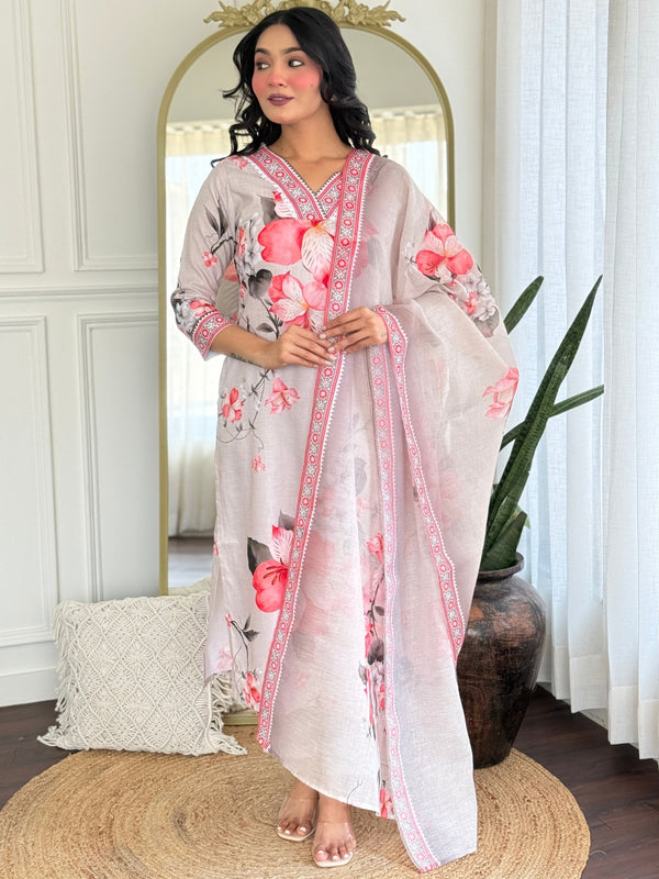 Women's Rayon Printed Straight Kurta Pant & Linen Dupatta Set