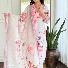 Women's Rayon Printed Straight Kurta Pant & Linen Dupatta Set