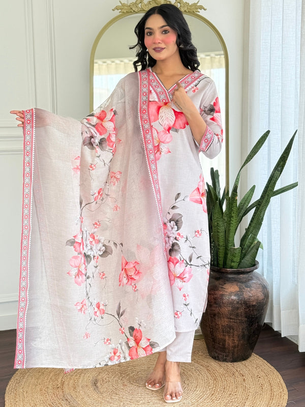 Women's Rayon Printed Straight Kurta Pant & Linen Dupatta Set