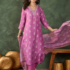 Women's Rayon Embroidered & Printed Straight Kurta Pant & Taby Dupatta Set