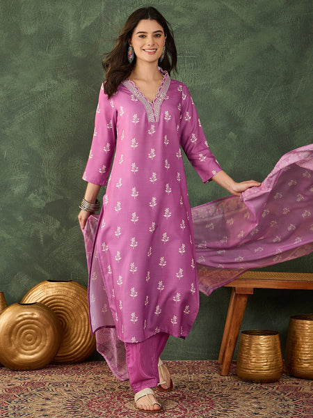 Women's Rayon Embroidered & Printed Straight Kurta Pant & Taby Dupatta Set
