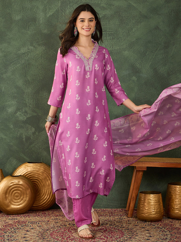 Women's Rayon Embroidered & Printed Straight Kurta Pant & Taby Dupatta Set