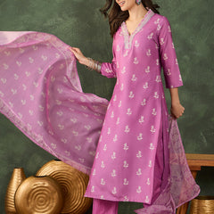 Women's Rayon Embroidered & Printed Straight Kurta Pant & Taby Dupatta Set