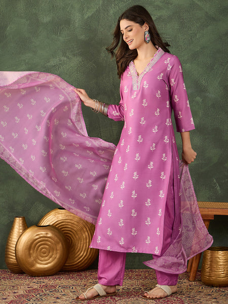 Women's Rayon Embroidered & Printed Straight Kurta Pant & Taby Dupatta Set