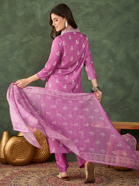 Women's Rayon Embroidered & Printed Straight Kurta Pant & Taby Dupatta Set