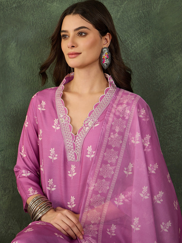 Women's Rayon Embroidered & Printed Straight Kurta Pant & Taby Dupatta Set