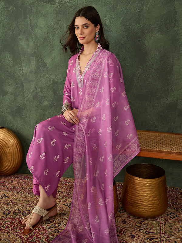 Women's Rayon Embroidered & Printed Straight Kurta Pant & Taby Dupatta Set
