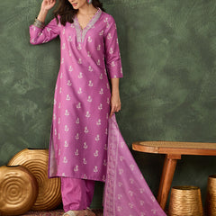 Women's Rayon Embroidered & Printed Straight Kurta Pant & Taby Dupatta Set