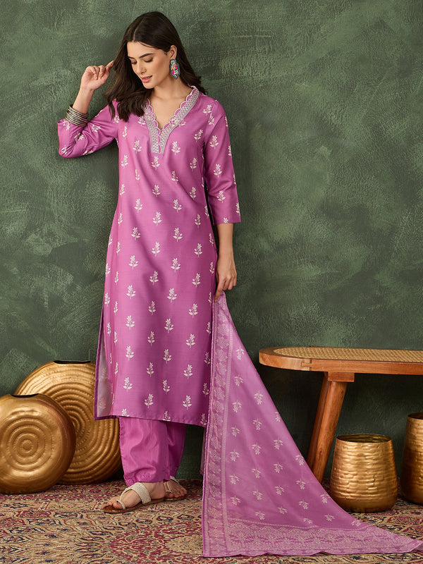Women's Rayon Embroidered & Printed Straight Kurta Pant & Taby Dupatta Set