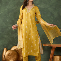 Women's Rayon Embroidered & Printed Straight Kurta Pant & Taby Dupatta Set