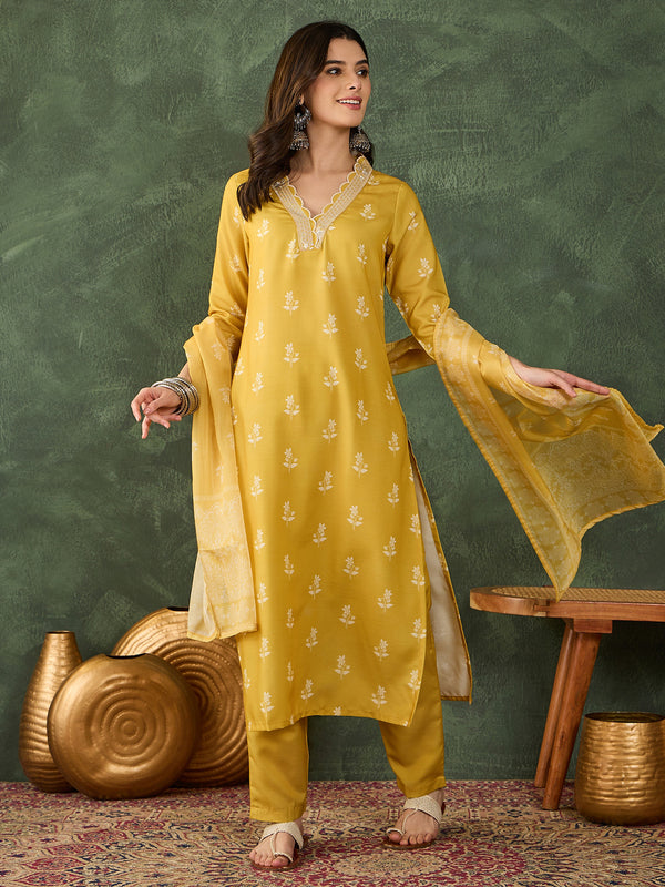 Women's Rayon Embroidered & Printed Straight Kurta Pant & Taby Dupatta Set