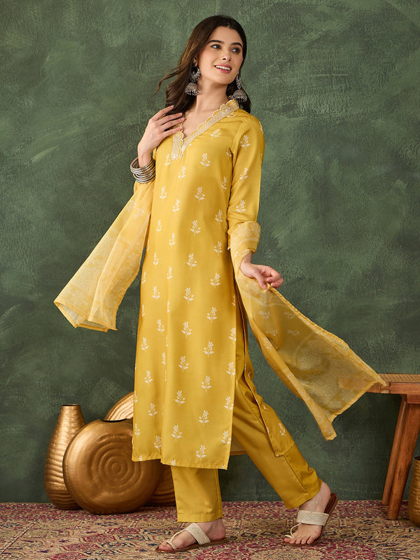 Women's Rayon Embroidered & Printed Straight Kurta Pant & Taby Dupatta Set