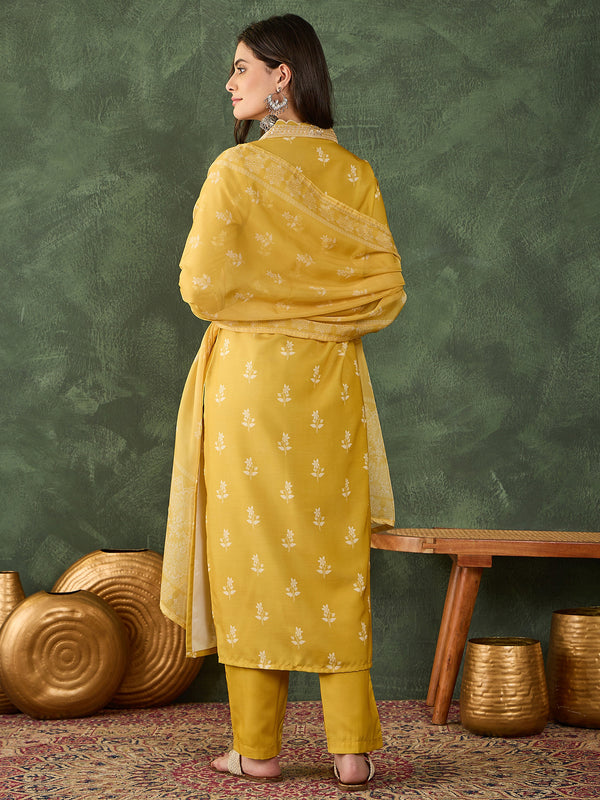 Women's Rayon Embroidered & Printed Straight Kurta Pant & Taby Dupatta Set