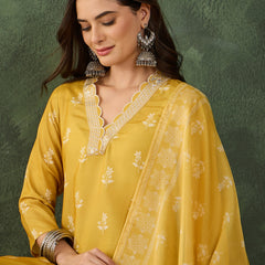 Women's Rayon Embroidered & Printed Straight Kurta Pant & Taby Dupatta Set