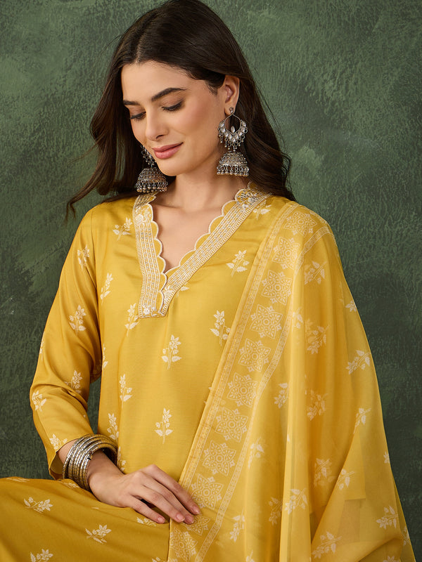 Women's Rayon Embroidered & Printed Straight Kurta Pant & Taby Dupatta Set