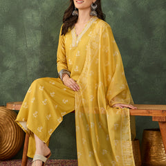 Women's Rayon Embroidered & Printed Straight Kurta Pant & Taby Dupatta Set