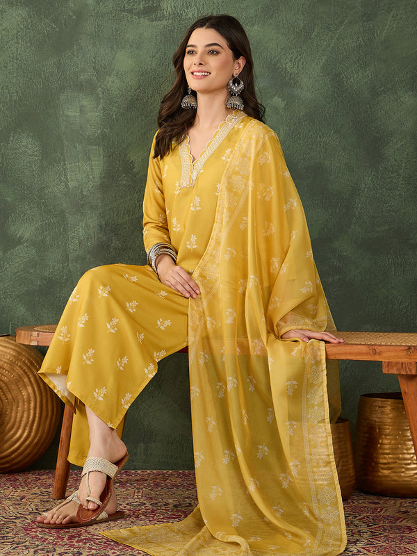 Women's Rayon Embroidered & Printed Straight Kurta Pant & Taby Dupatta Set