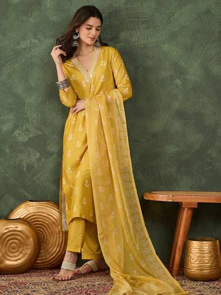 Women's Rayon Embroidered & Printed Straight Kurta Pant & Taby Dupatta Set